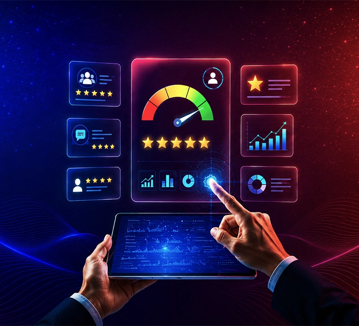 Customers reading and sharing online business reviews on digital platforms