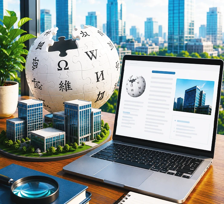 Business research setup representing Wikipedia notability guidelines and reliable source