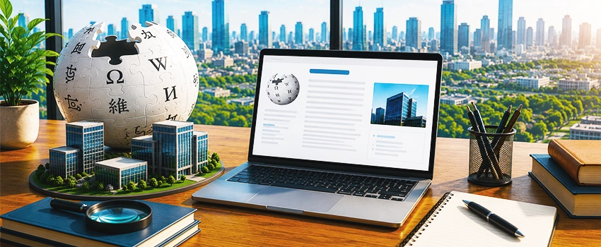 Modern workspace illustrating the process of creating a Wikipedia page for a business